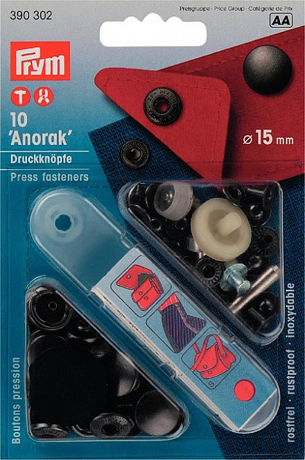 390302 Prym Кнопки "Anorak" черные 15мм